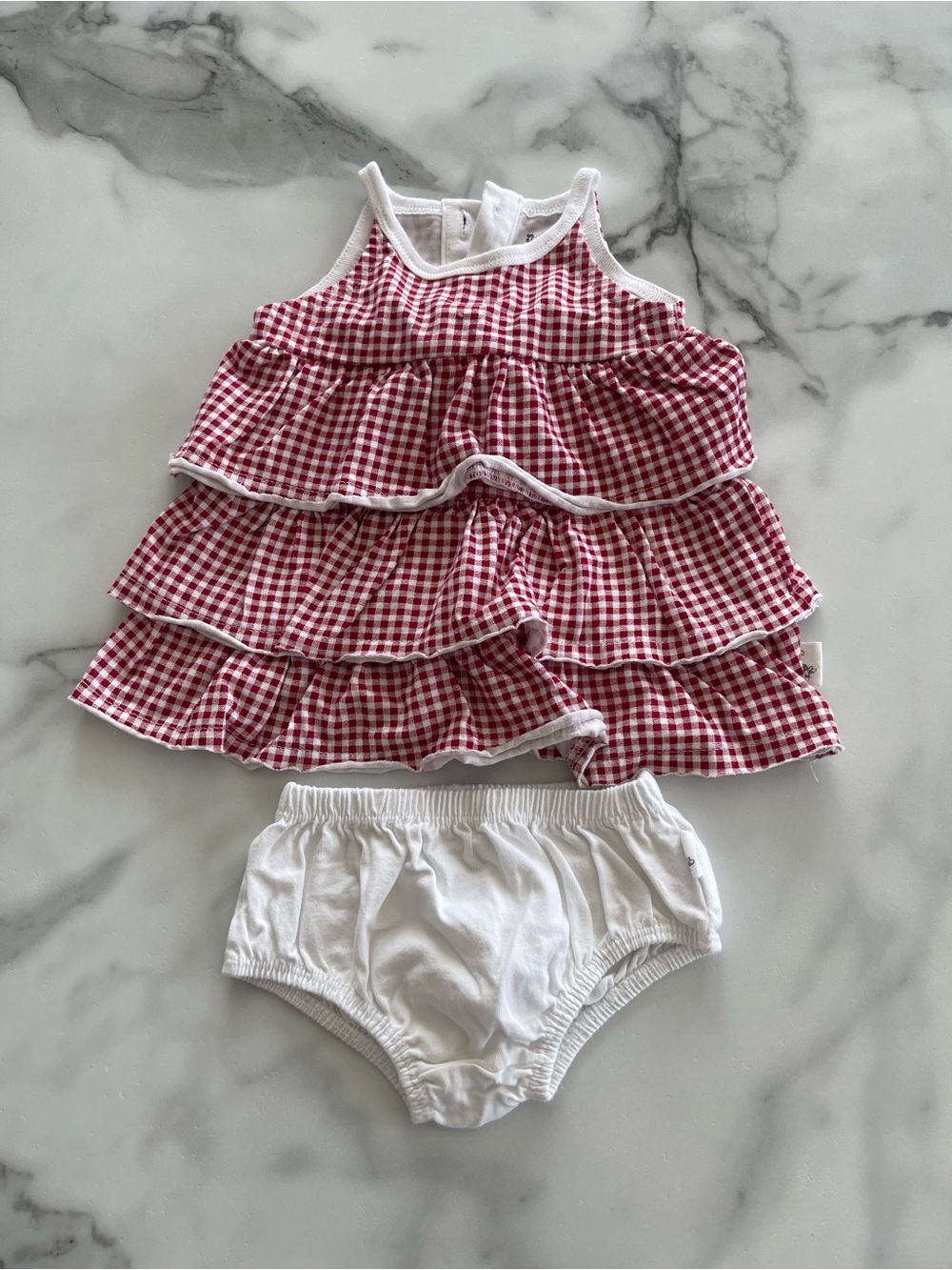Burt's Bees Baby Red Gingham Ruffle Dress with White Bloomers